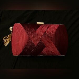 Red Satin Clutch with Gold Tassel and Chain